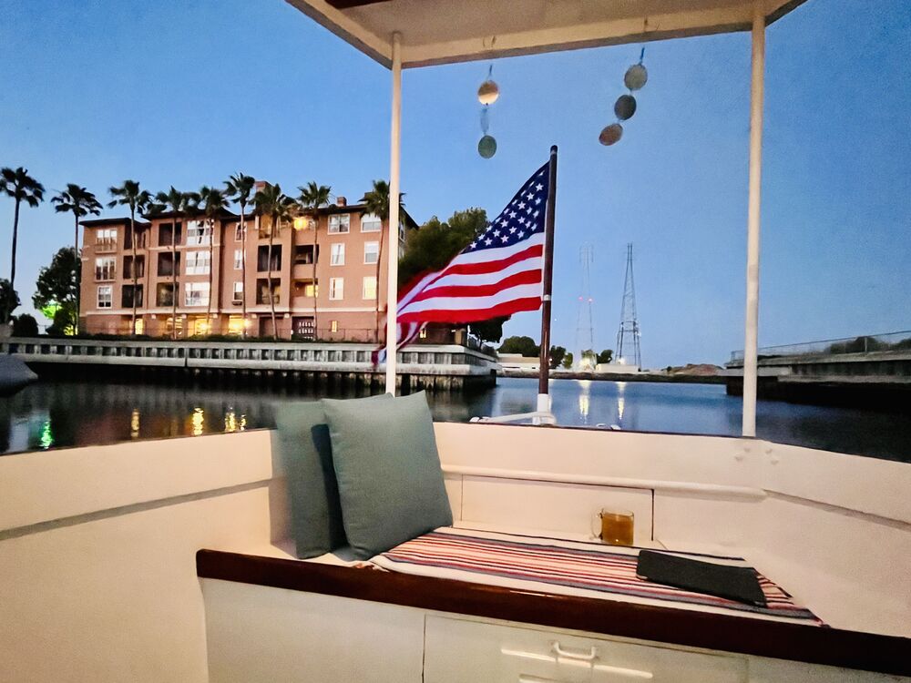 The aft deck at dusk.