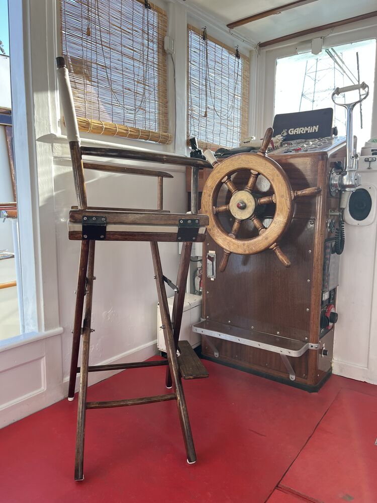 The helm with wheel and instrument panel.